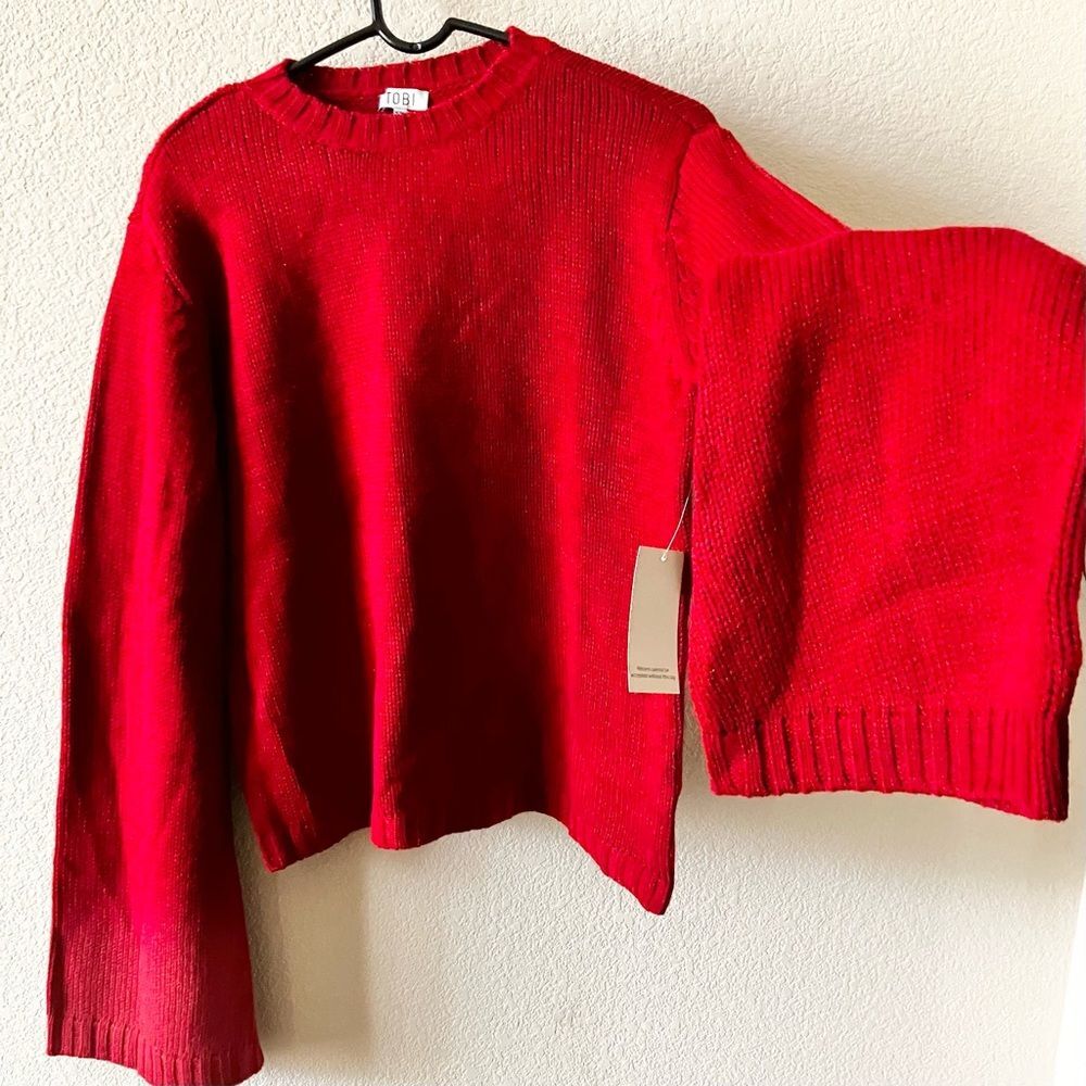 NEW Tobi Red Retro Flare Sleeve Modern Knit Minimalist Preppy Crewneck Sweater S